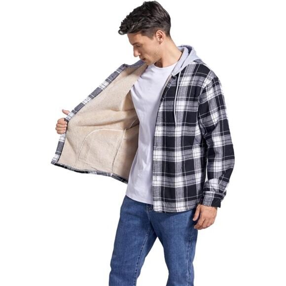 Mens Flannel Shirt Jacket Hooded Sherpa Lined Button Down Plaid Fleece Coat - Picture 5 of 8